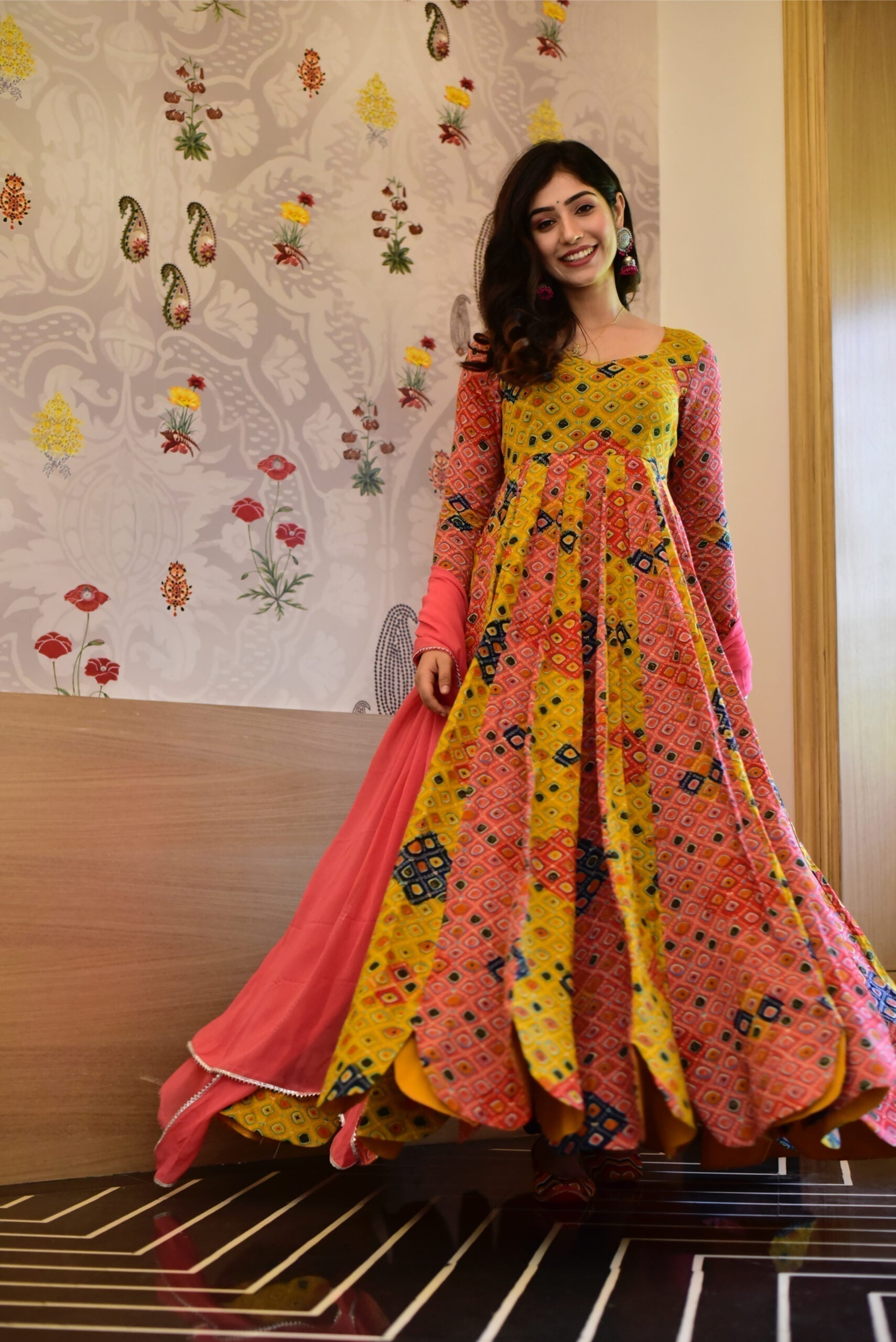 Aleena peach bandhej maxi set