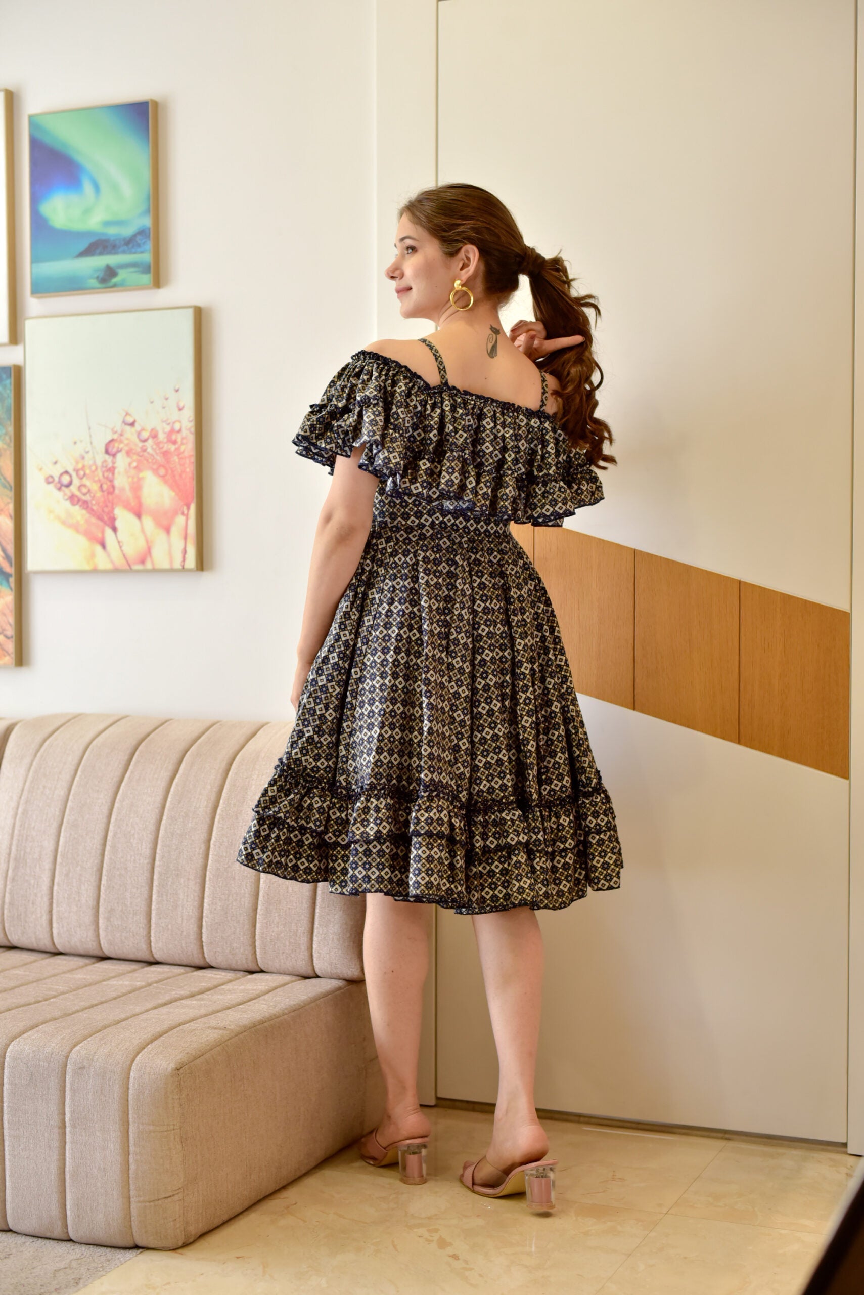 blue blossomy checks printed dress