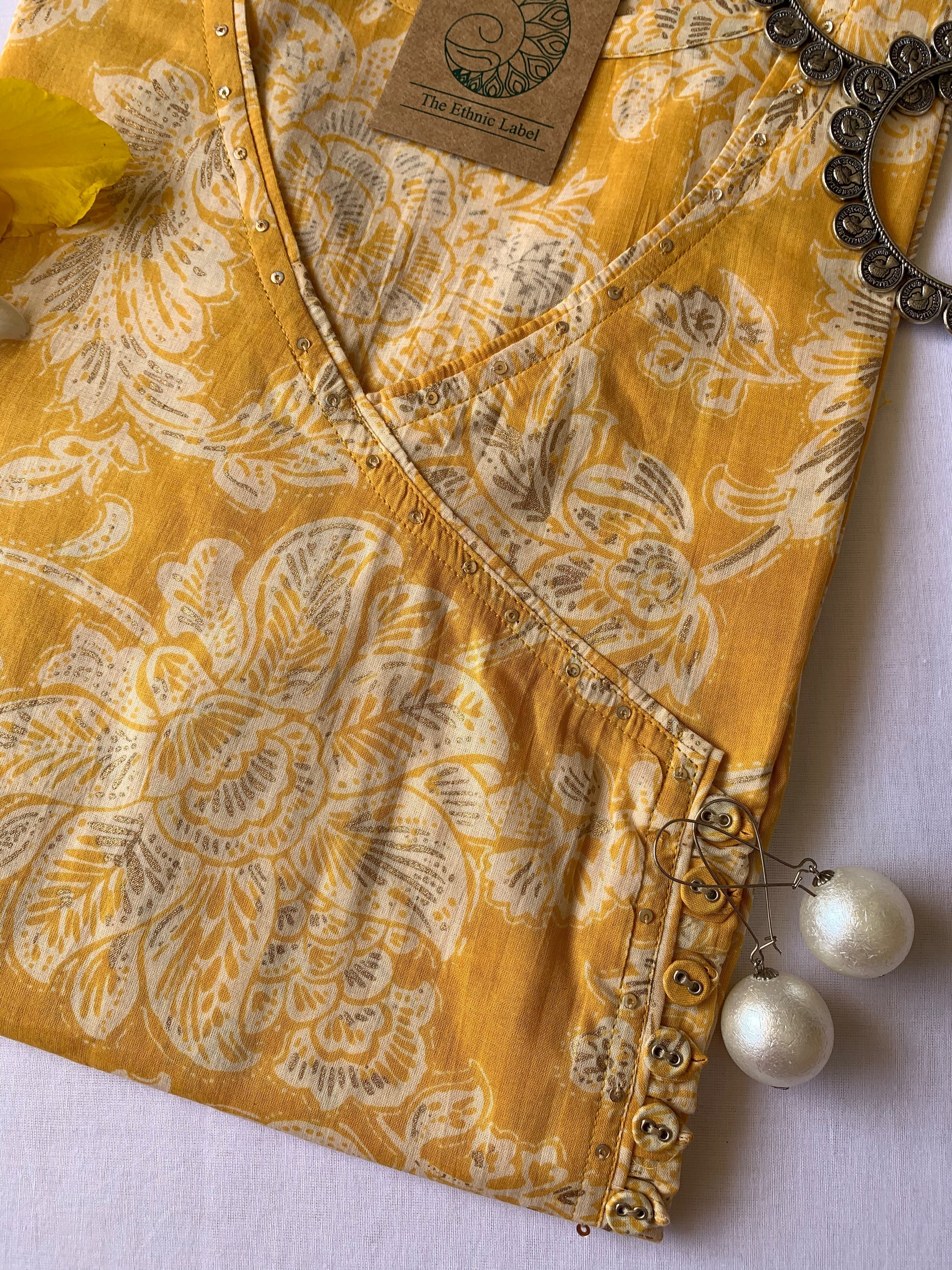 "Basant" Yellow Floral Angrakha Cotton Kurta