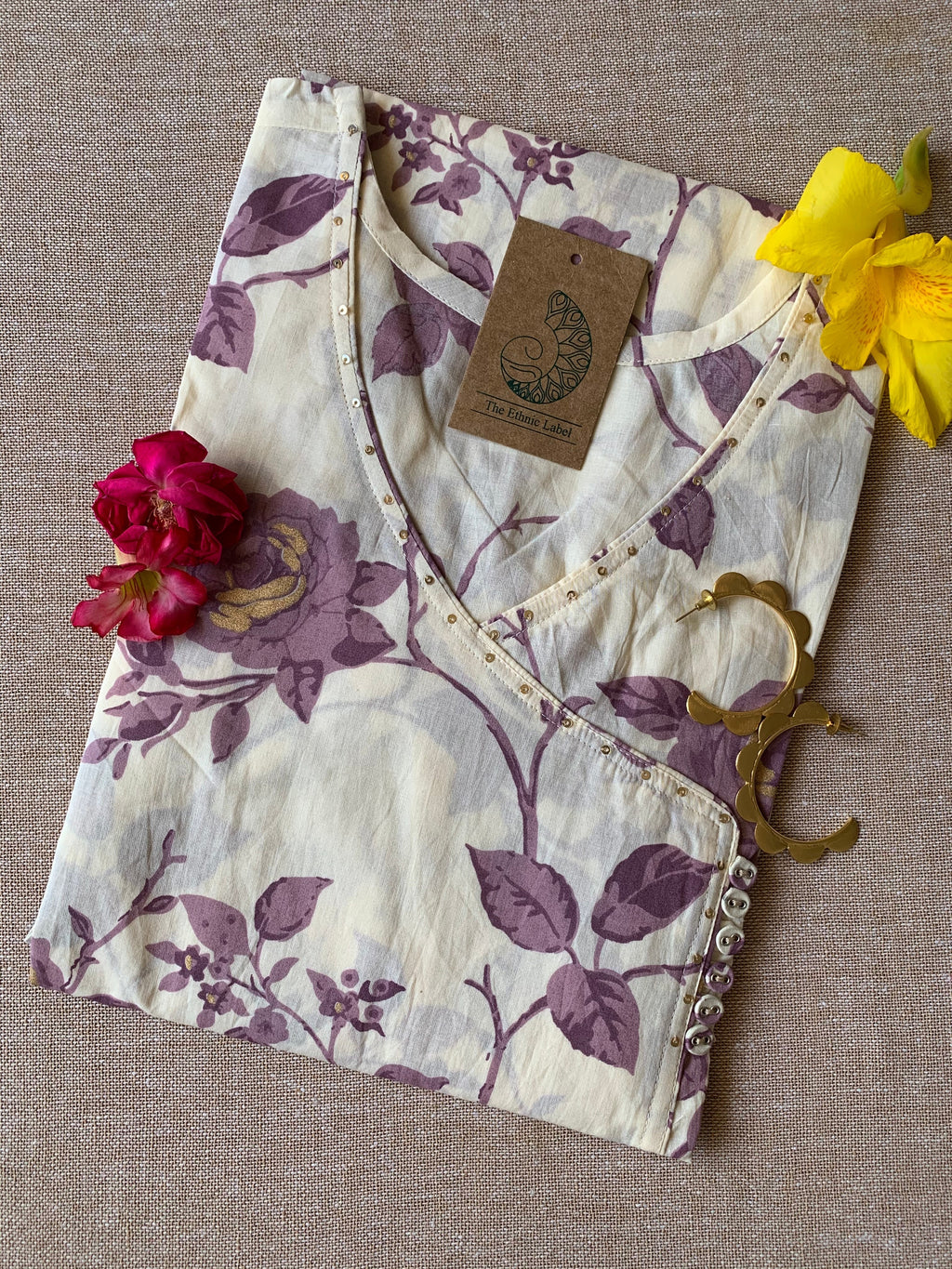 Cream Purple "Gold" Angrakha Cotton Kurta
